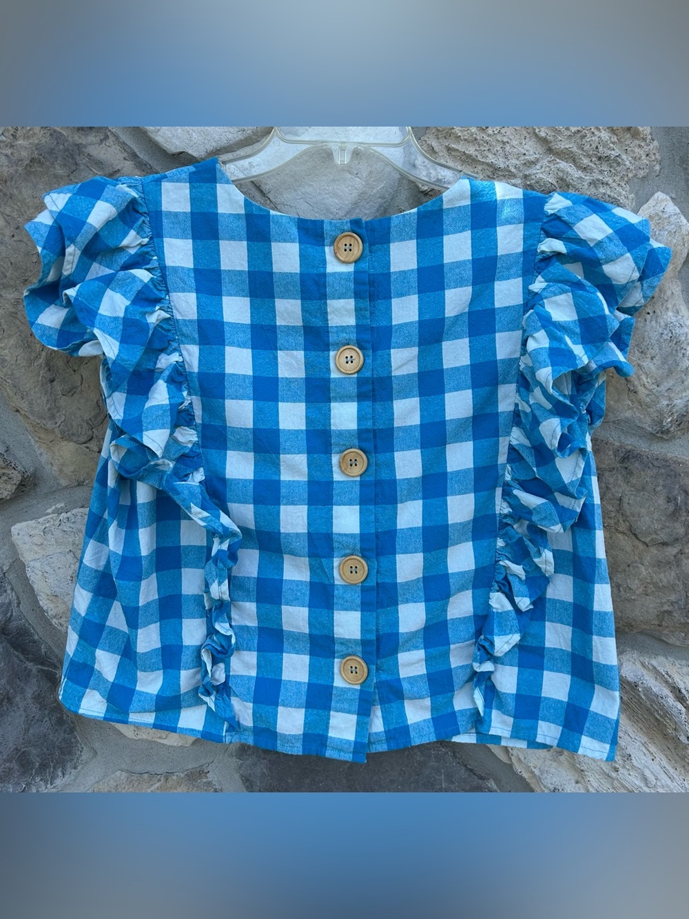 Entro Boutique Top Size L Blue Gingham Cotton Ruffle Feminine Boxy Cropped Boho - Picture 3 of 7